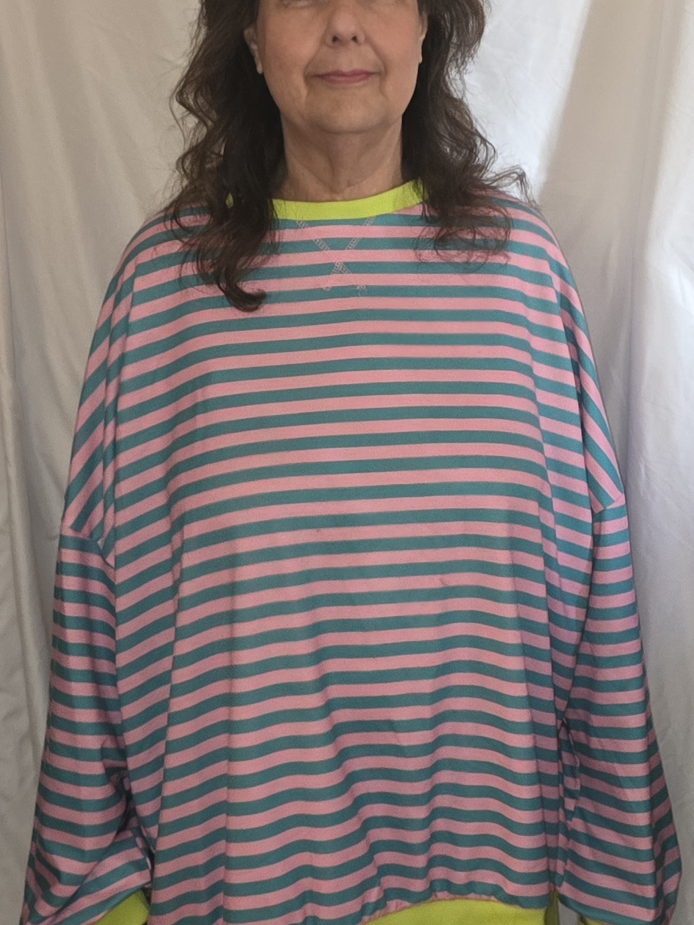 Striped Oversized Crewneck Sweatshirt in Pink & Teal with Neon Trim